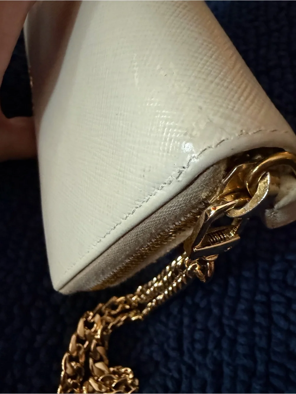 PRADA White Saffiano Leather Long Zippy Wallet w/Unbranded Gold Wristlet Chain